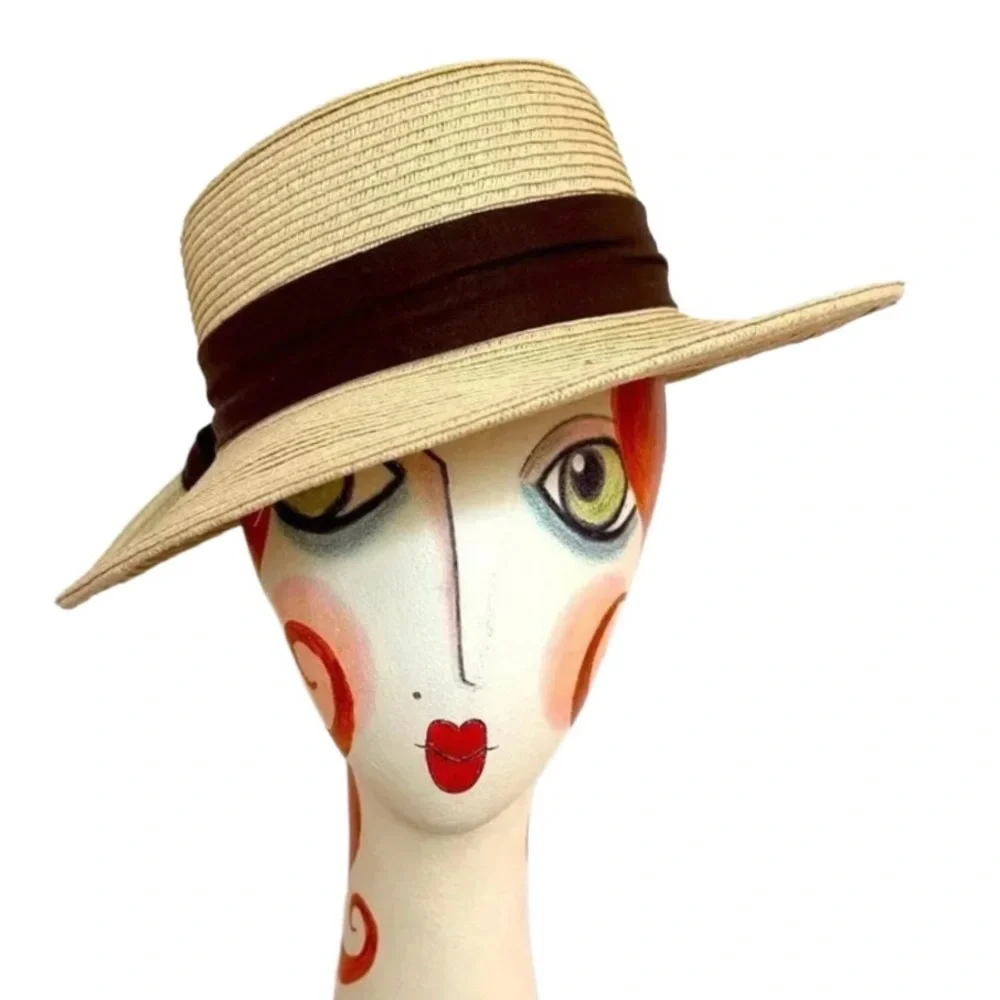 KALLINA ~ Women’s Neutral color beach or garden hat brown ribbon accent OS